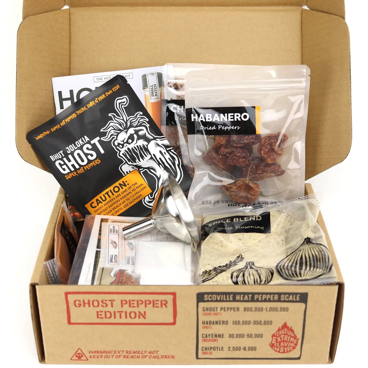 Open Ghost Pepper Edition hot sauce making kit box with ghost pepper and habanero bags, spice blend and funnel