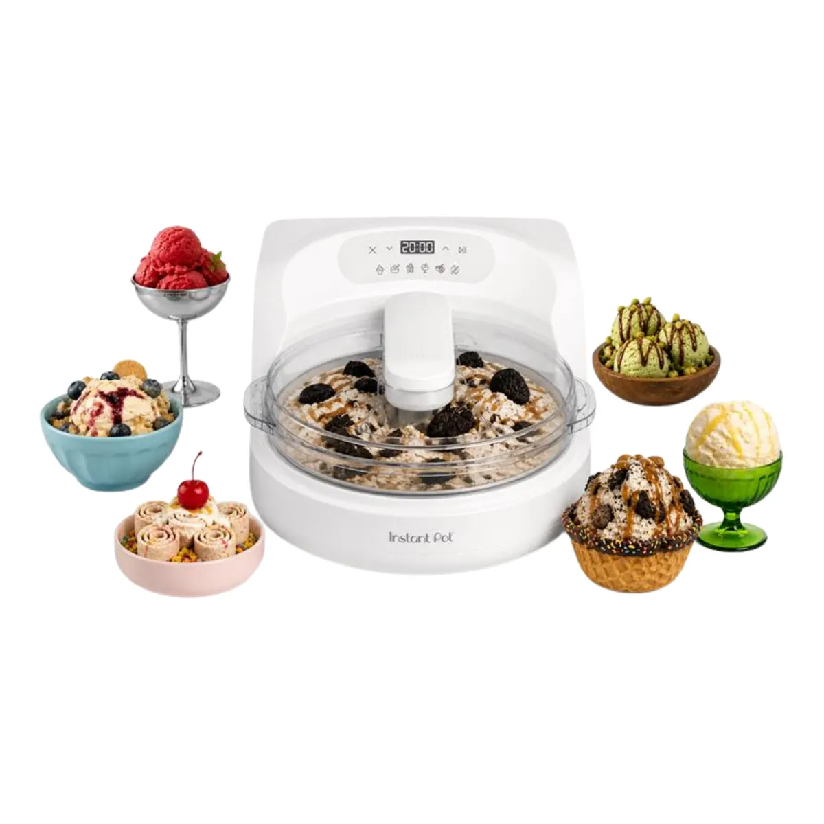 Instant Pot InstantChill ice cream maker with bowls of ice cream, sorbet and rolled ice cream around it