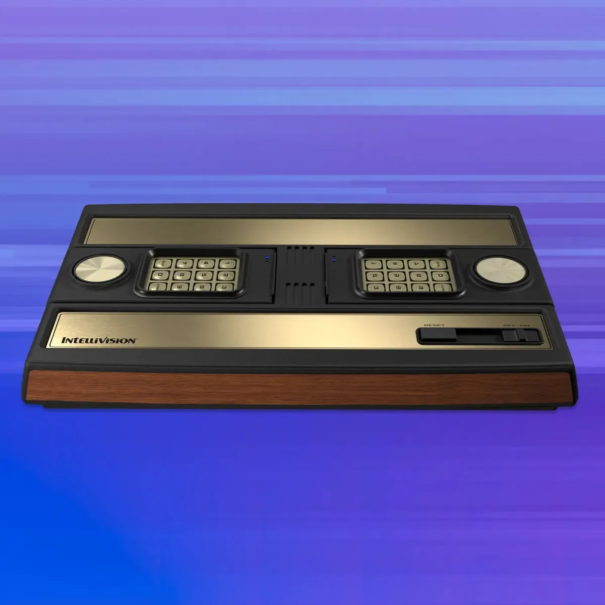 Intellivision Sprint console with its two wireless controllers docked on top