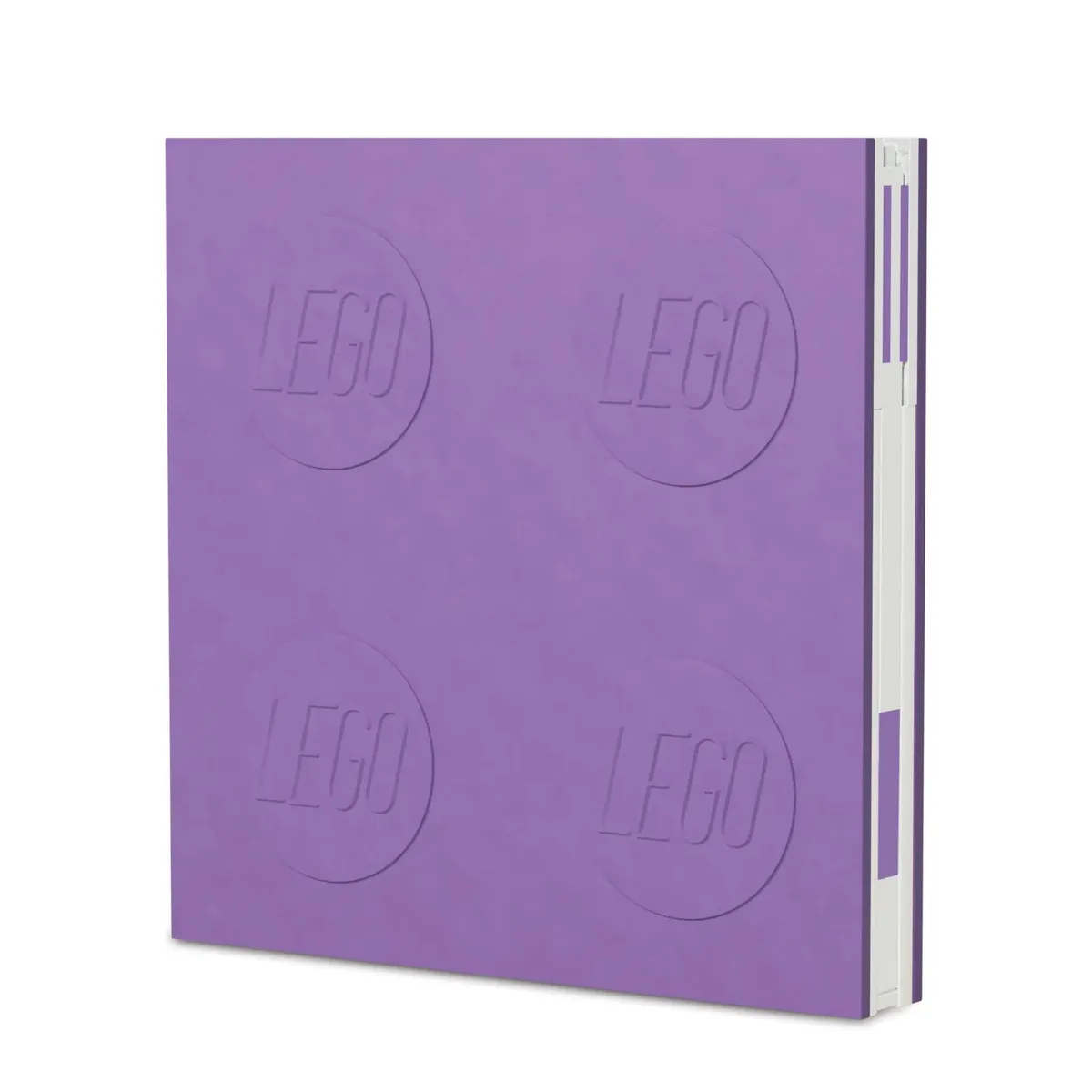 Lavender IQ LEGO locking notebook with the gel pen clipped to the side