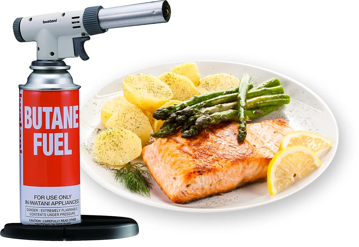 Iwatani PRO2 culinary torch on a butane can with its stand