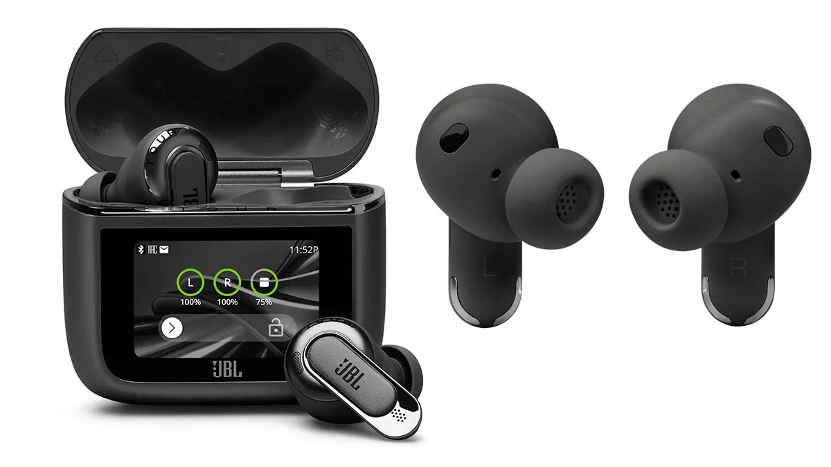 The JBL Tour Pro 3 earbuds in black next to their charging case with a lit touchscreen