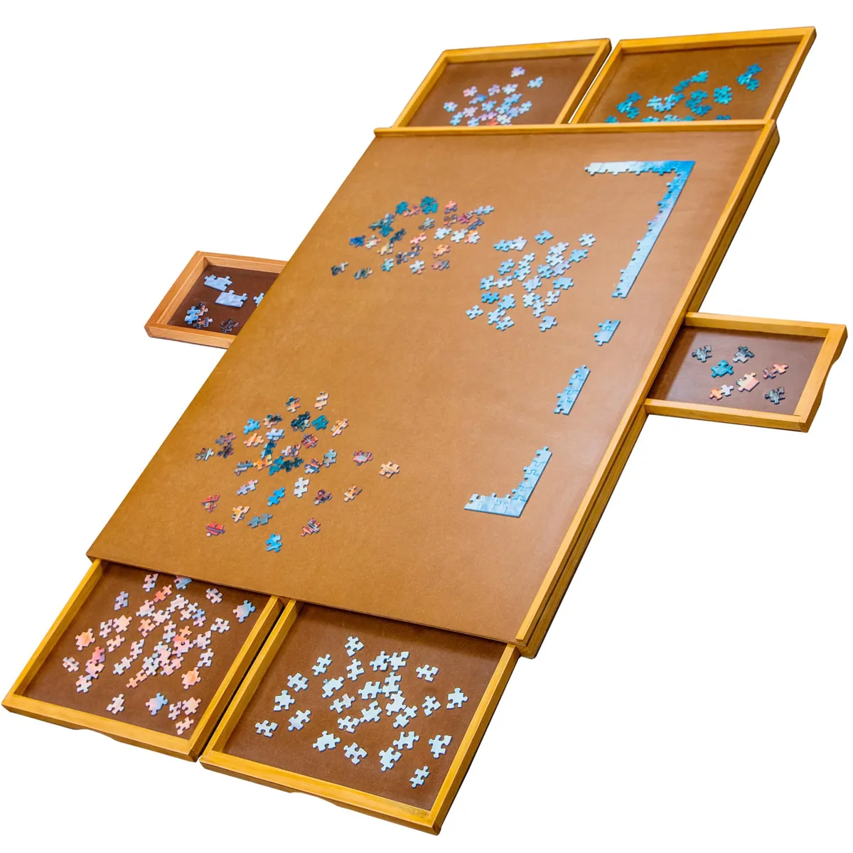 Brown Jumbl 1500-piece puzzle board with six drawers pulled out