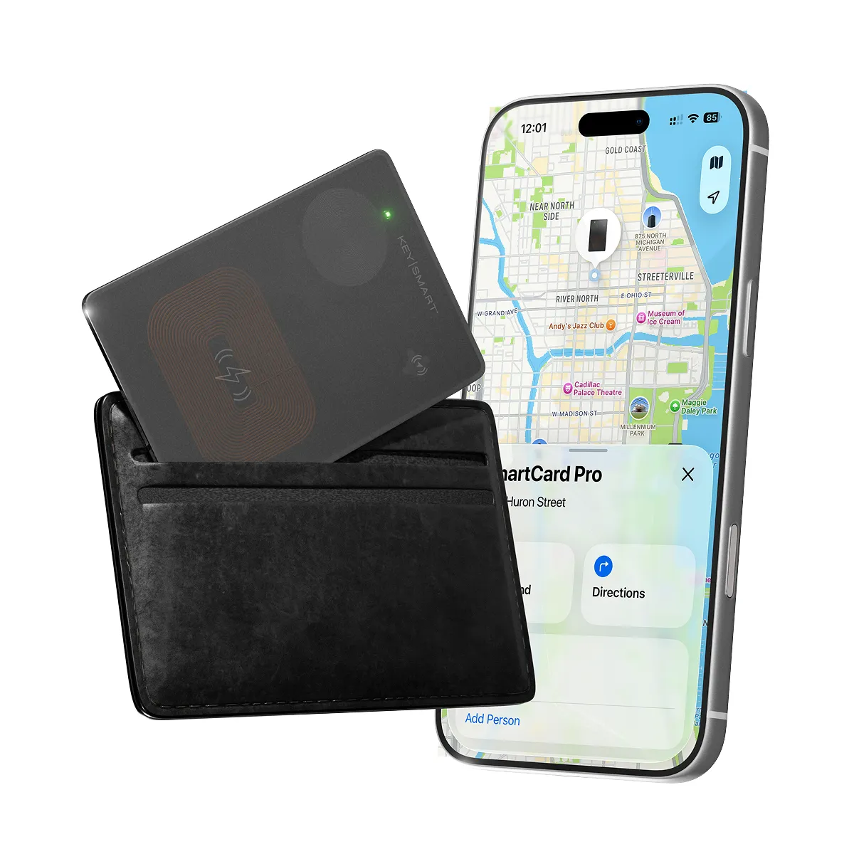 KeySmart SmartCard Pro tracker card next to a wallet and an iPhone running Find My