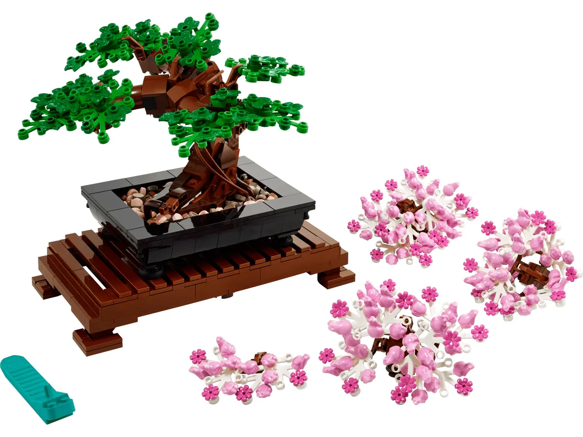 LEGO Botanicals Bonsai Tree 10281 with its wooden stand and pink cherry blossom pieces