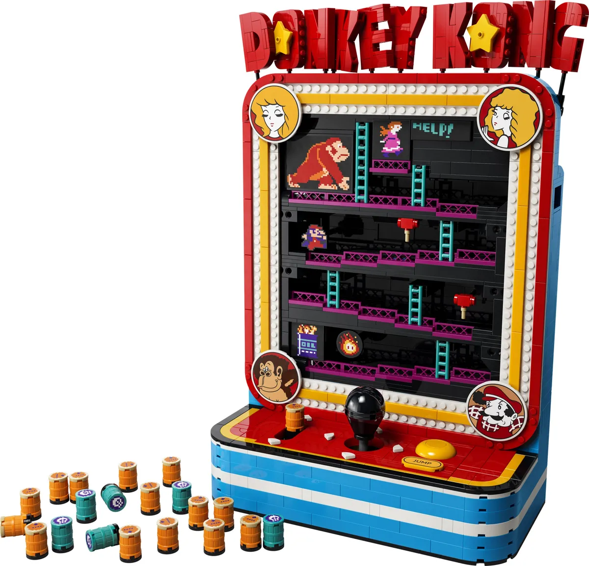 LEGO Donkey Kong Arcade 72051 with Donkey Kong, Lady and Jumpman on pink girders and a pile of brick-built barrels in front