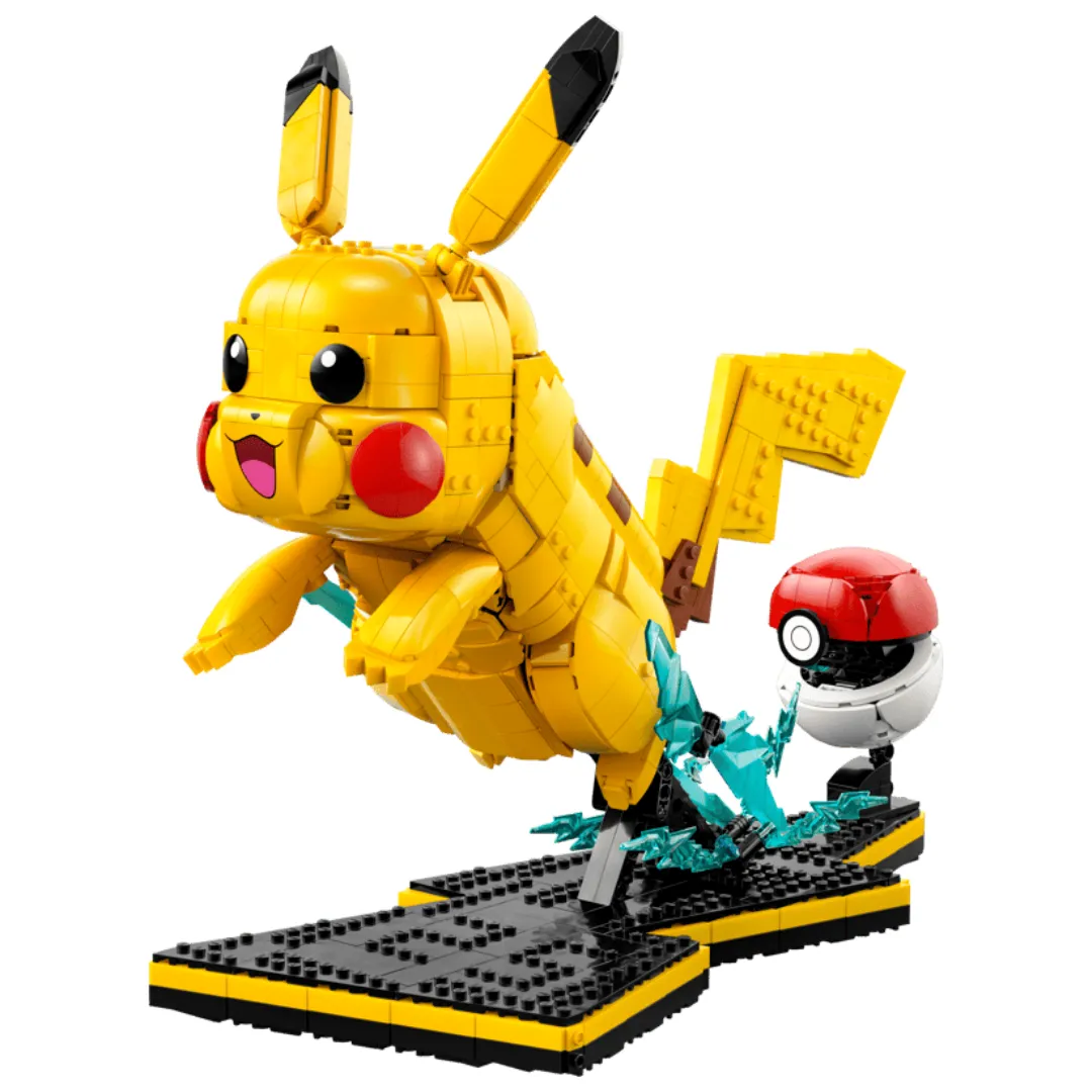 LEGO Pokémon Pikachu and Poké Ball set 72152, Pikachu mid-leap above a black lightning-bolt base with blue sparks and a red and white Poké Ball