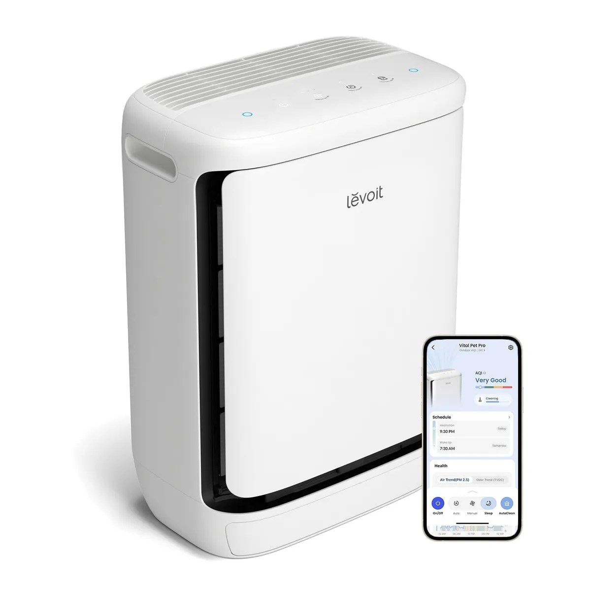 Levoit Vital Pet Pro air purifier in white, a boxy unit with controls on top, next to a phone showing the VeSync app