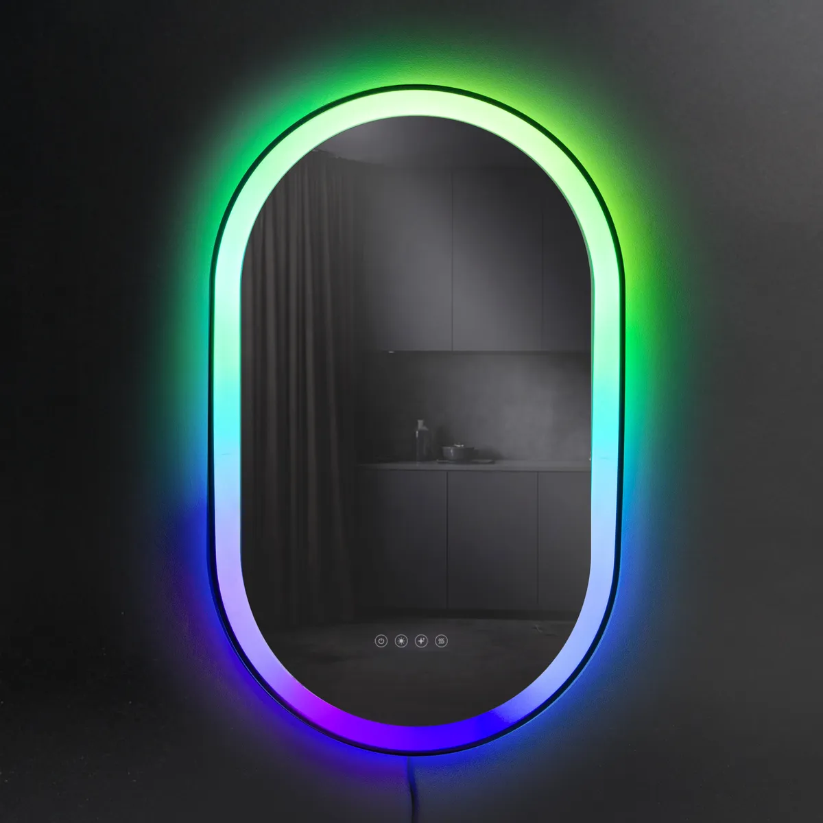 LIFX SuperColor Mirror, an oval wall mirror with a rainbow glow around the edge