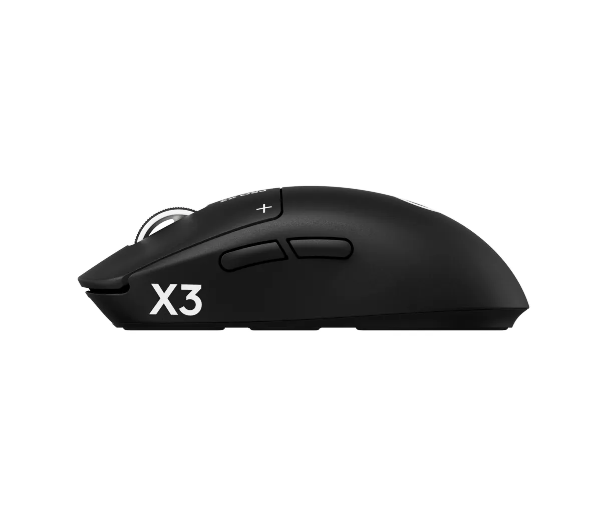 Logitech G PRO X3 SUPERSTRIKE wireless gaming mouse in black, side view