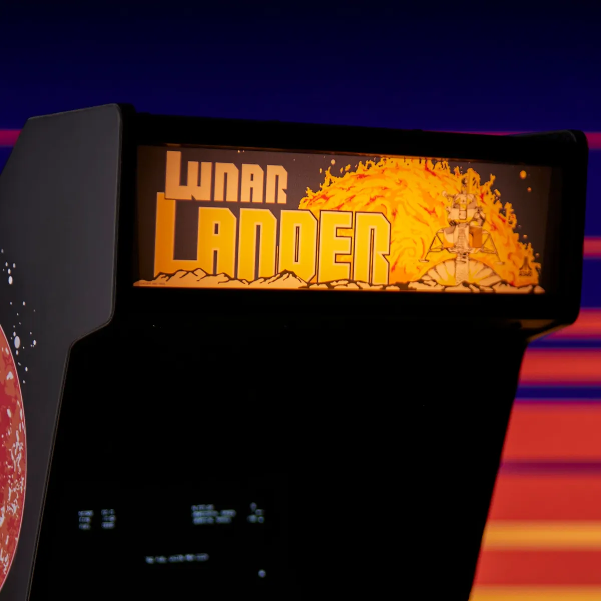 Lunar Lander Quarter Arcade cabinet in black with orange marquee and blue lunar module side art