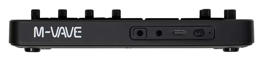 Side view of the M-VAVE FM-1 with the MIDI input, headphone output, USB-C port and power switch