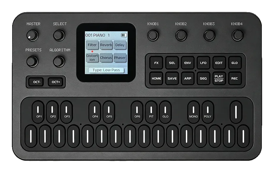 The black M-VAVE FM-1 seen from above, with its small color screen, eight knobs, function buttons and 27 silicone keys