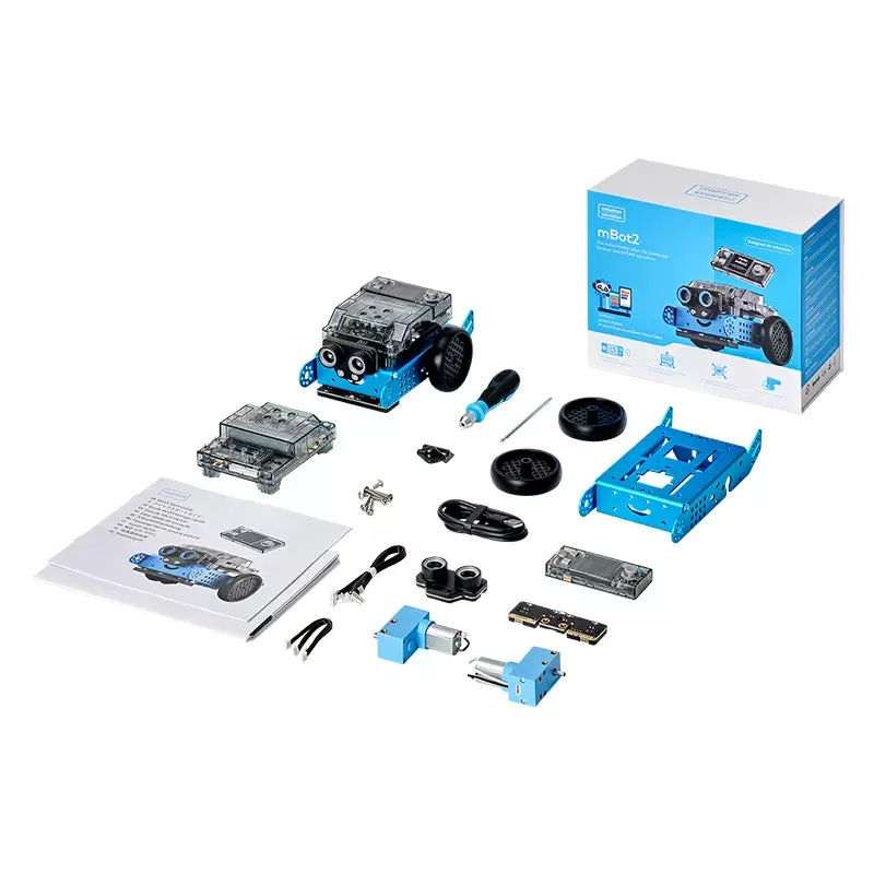The Makeblock mBot2 kit laid out next to its box: aluminum frame, wheels, motors, sensors and the CyberPi controller