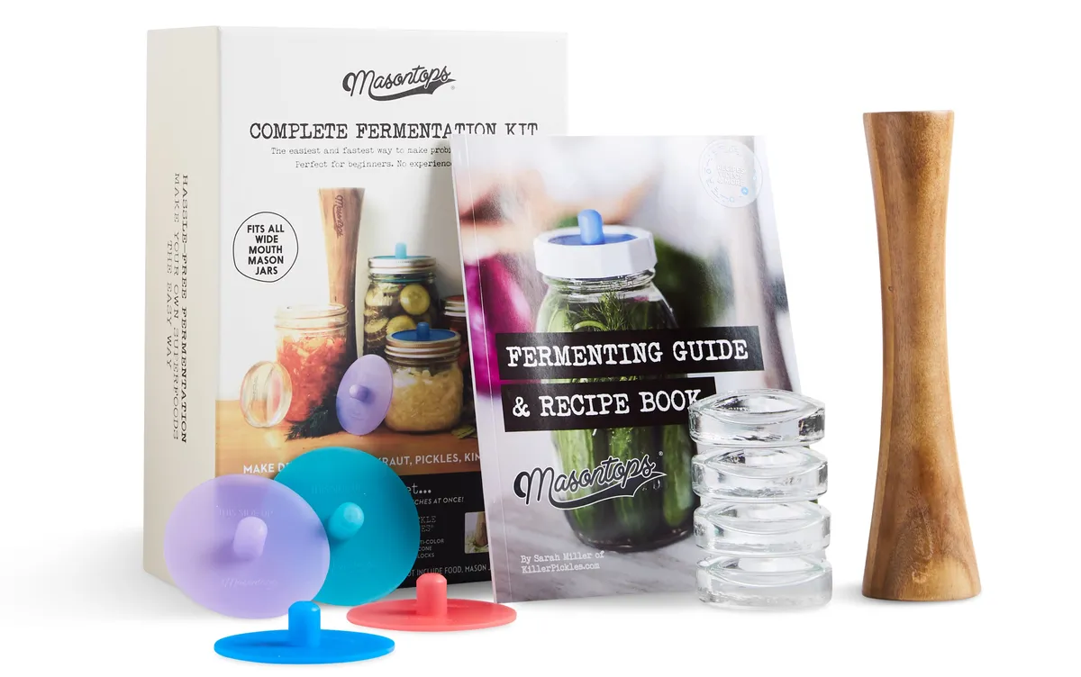 Masontops Complete Fermentation Kit with airlock lids, glass weights, tamper and recipe book