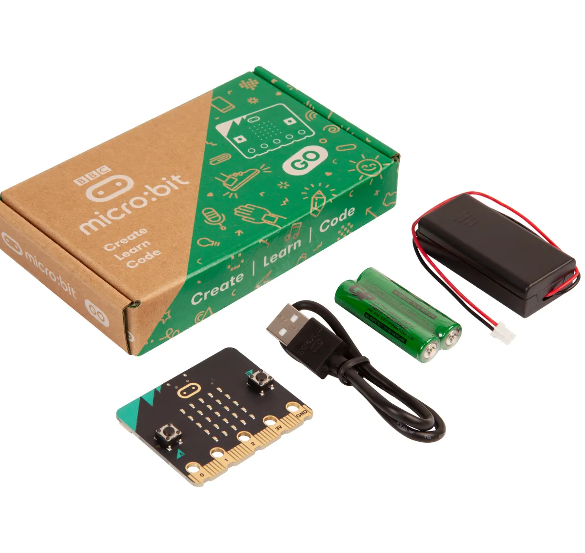 The BBC micro V2 Go kit with the small board, USB cable, battery pack and two AAA batteries next to its box
