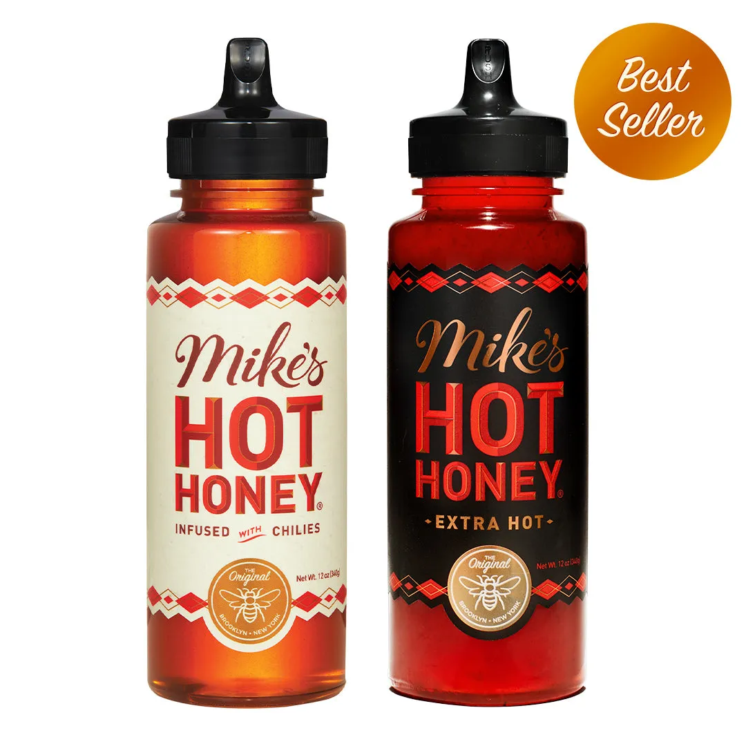 Mike's Hot Honey Original and Extra Hot squeeze bottles