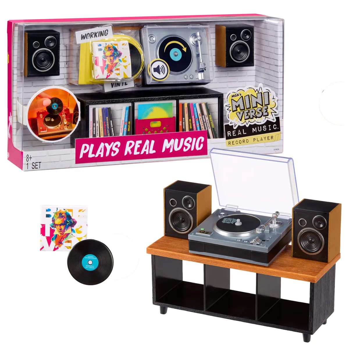 MGA's Miniverse Real Music Record Player box with the mini turntable, cabinet, speakers and a tiny Beethoven record in front