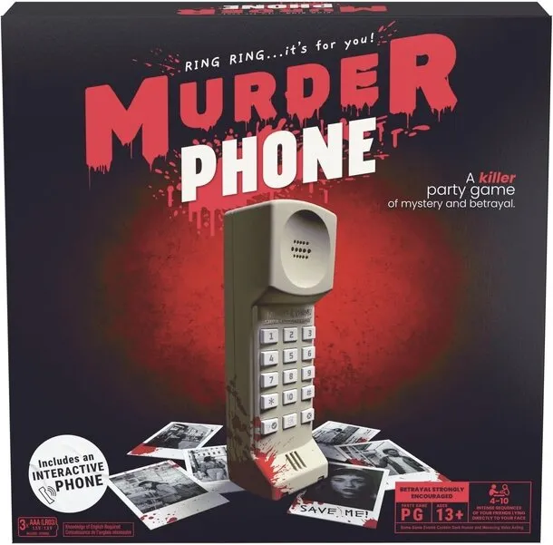 Murder Phone party game box with a beige retro phone and polaroid photos on a dark red background