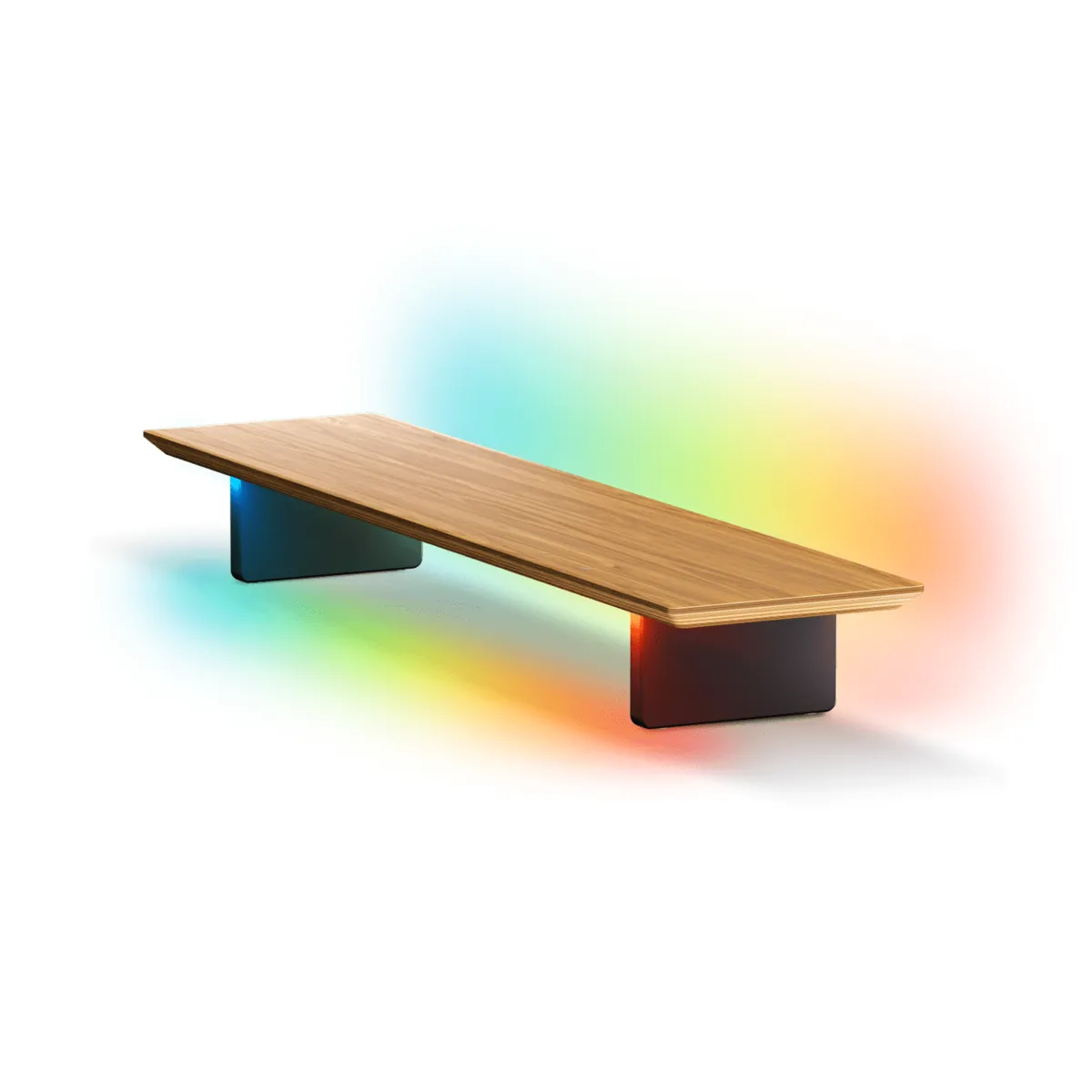 Nanoleaf Smart LED Monitor Stand, a long walnut-veneer shelf on two black legs with rainbow light glowing behind it