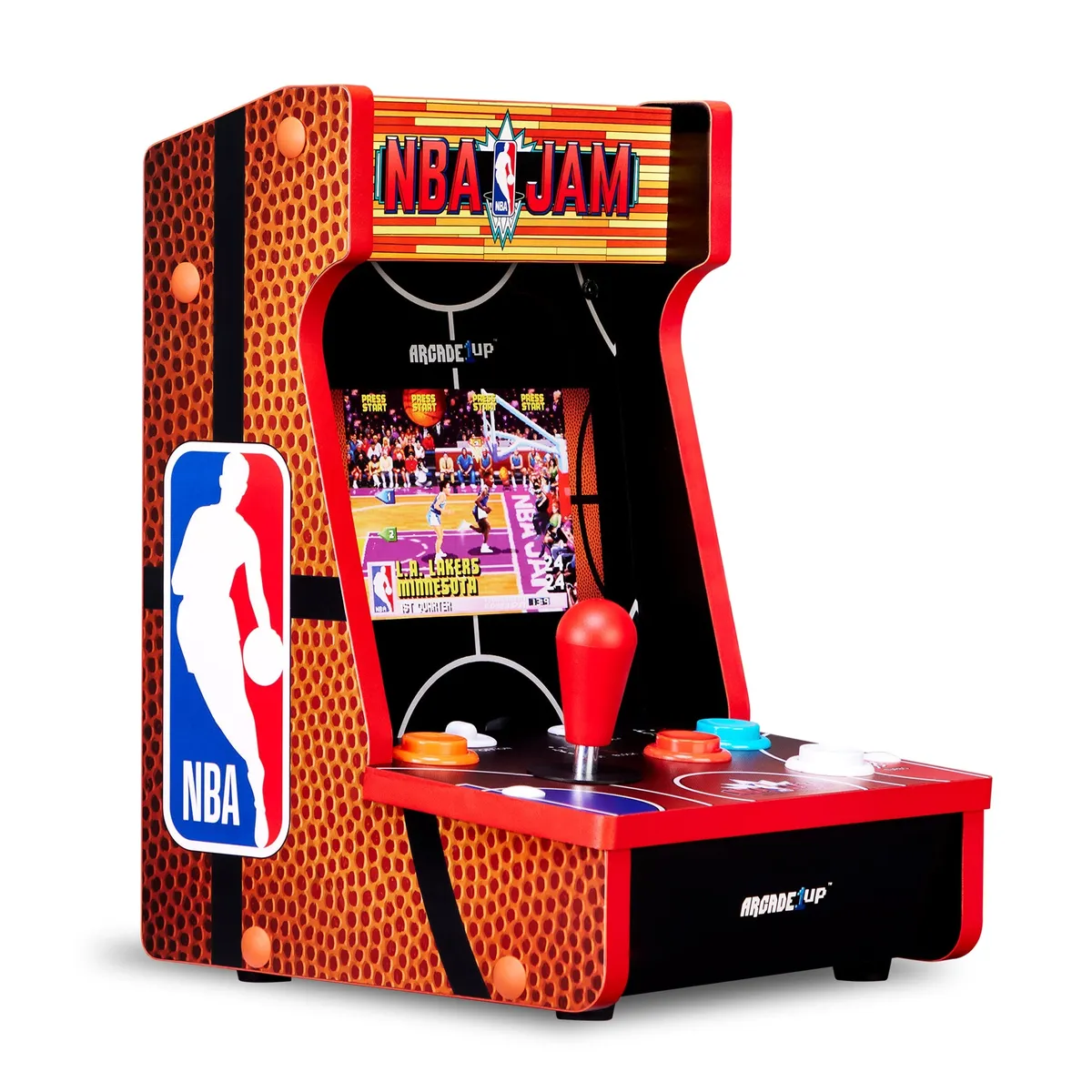 Arcade1Up NBA JAM Countercade with basketball-leather side art, a red joystick and colored buttons