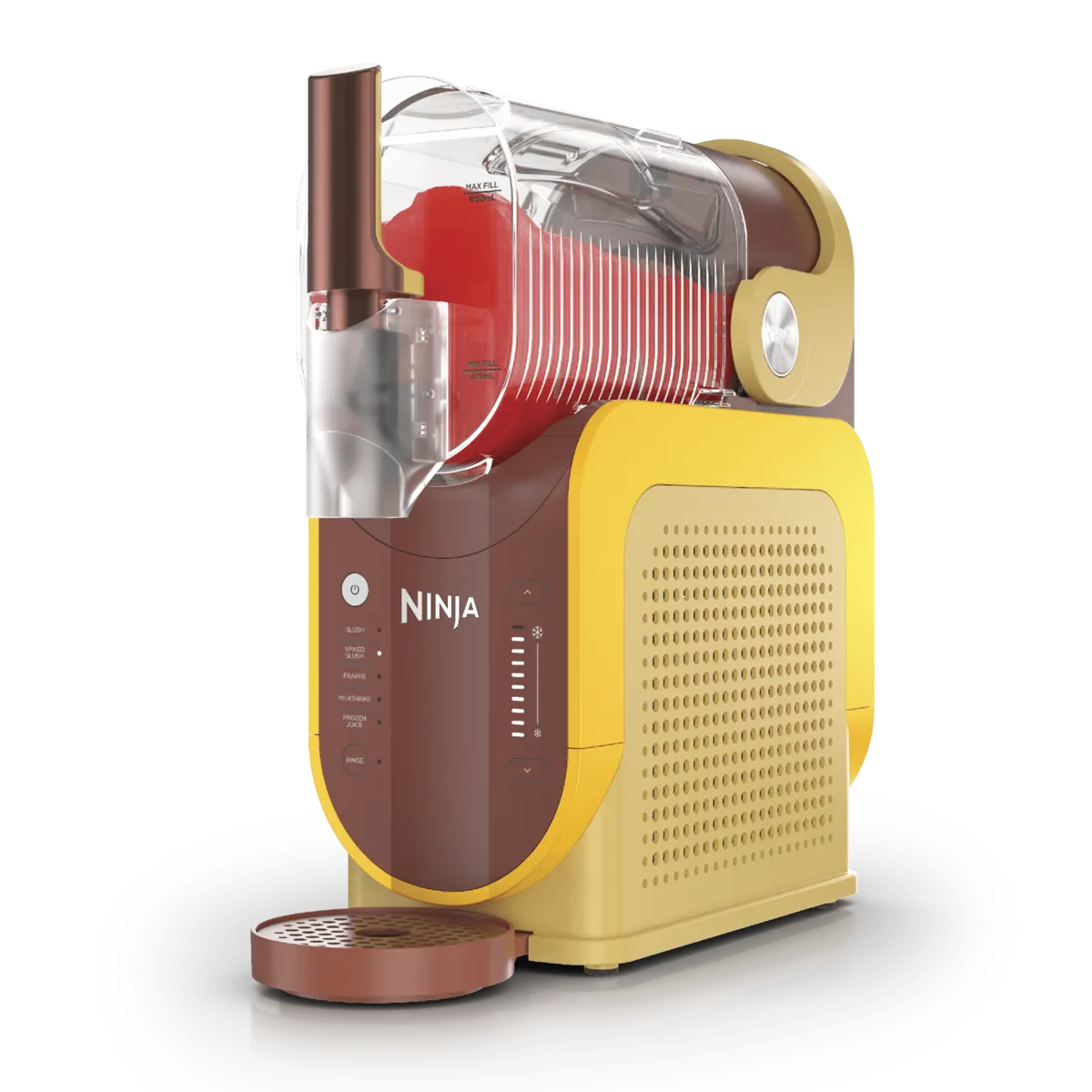 Ninja SLUSHi slushie machine in Orange Mango with a yellow base, brown front and a clear vessel full of red slush