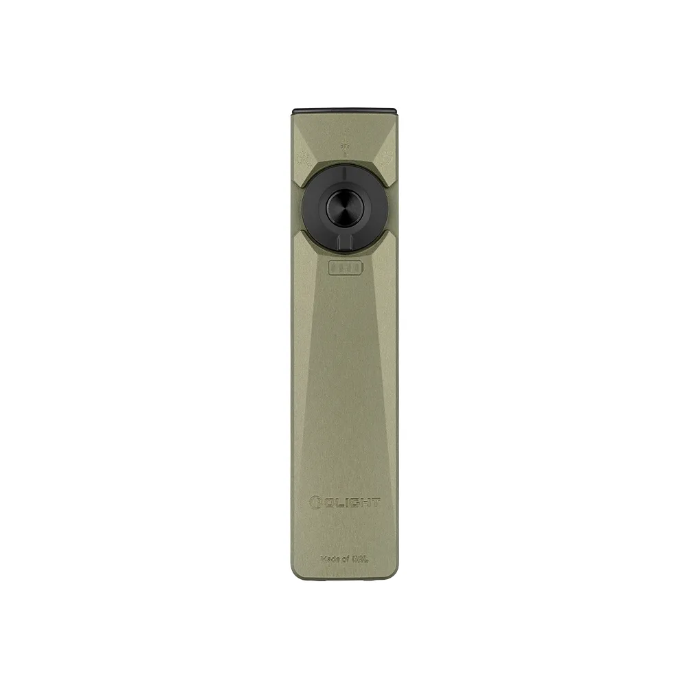 Olive green Olight Arkfeld Ultra flashlight, front view