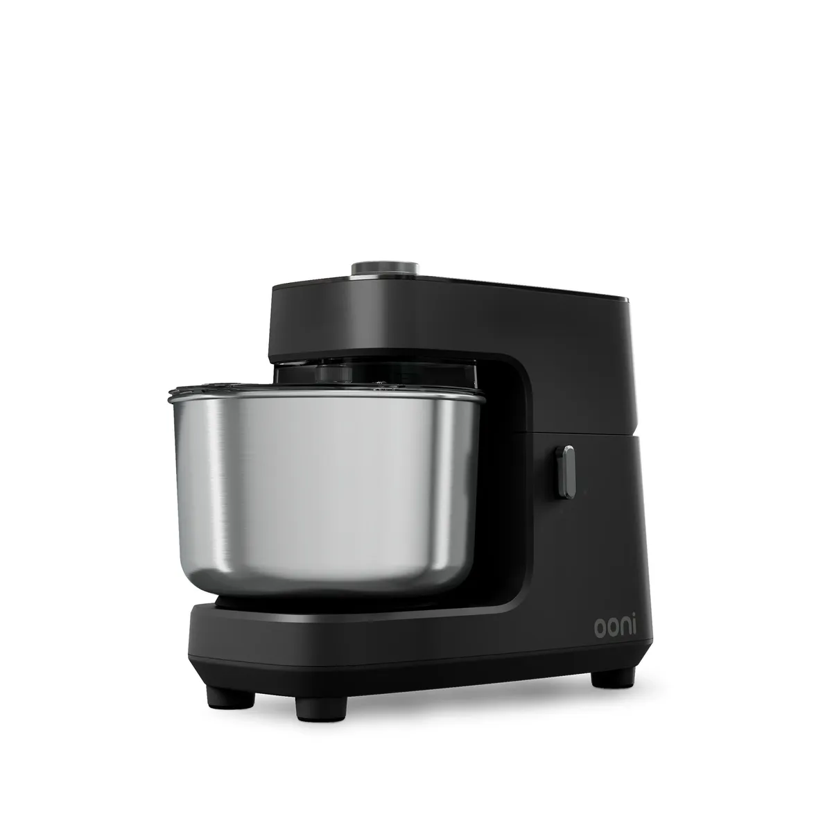 Ooni Halo Core spiral mixer in Foundry Black with a stainless steel bowl