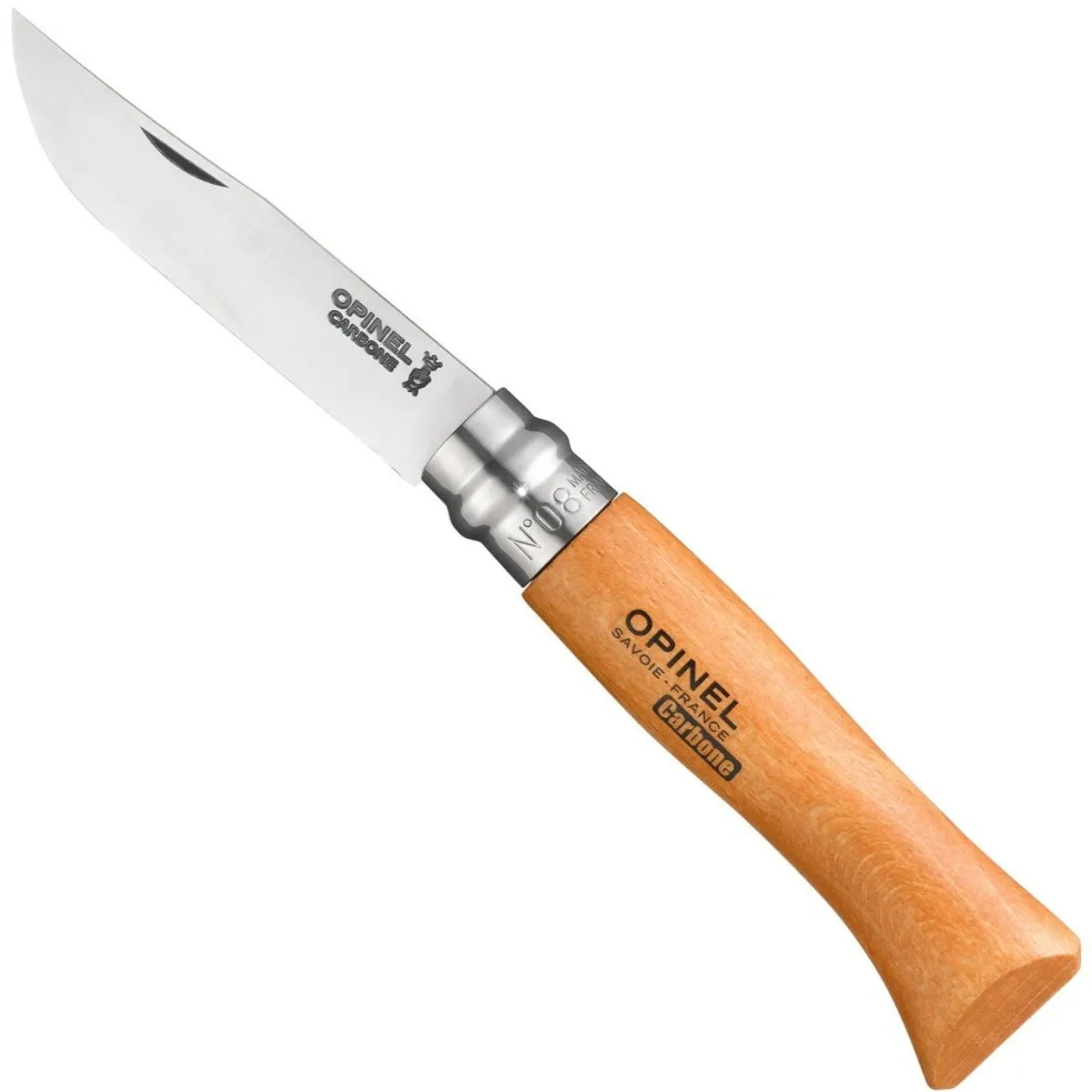 Opinel No. 08 carbon steel folding knife with a beechwood handle, opened