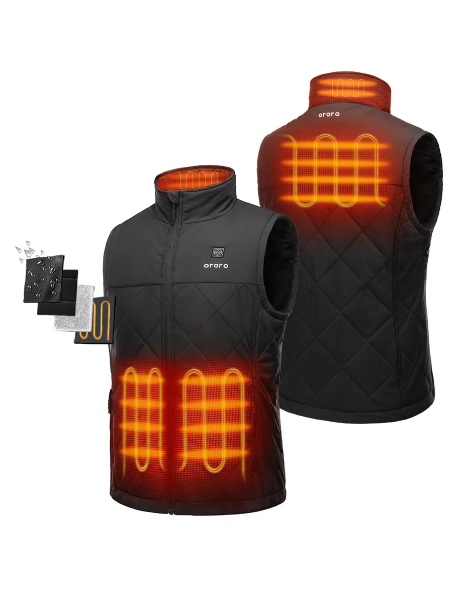 Black ORORO heated quilted vest with its heating zones shown