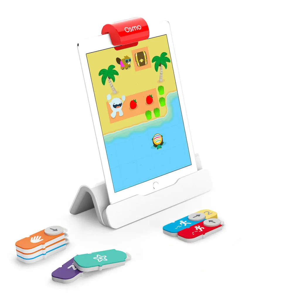 An iPad in the white Osmo base with colorful Osmo coding blocks in front of it