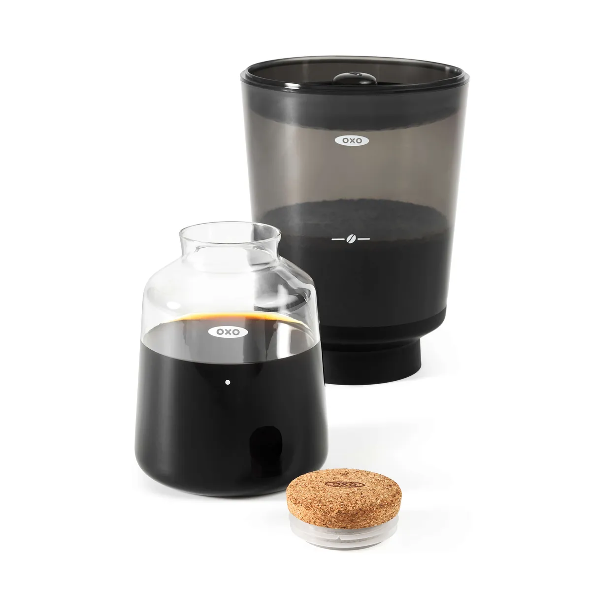 OXO Brew Compact Cold Brew Coffee Maker with brewer, glass carafe and cork stopper