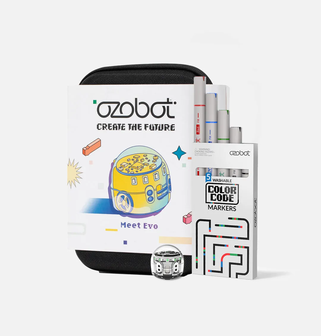 The Ozobot Evo Entry Kit case with the small robot, color code markers and a paper maze