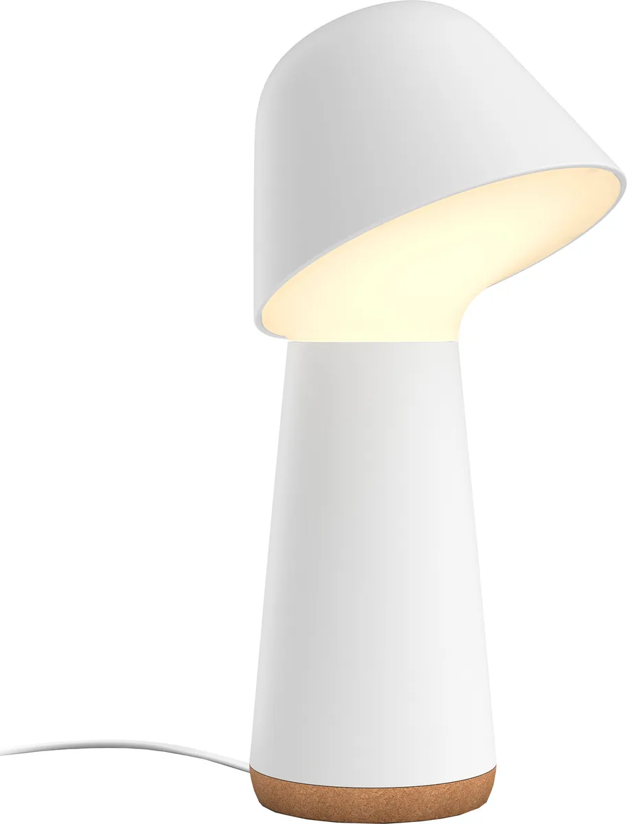 White Philips Hue Twilight bedside lamp with a mushroom-shaped head and a cork base
