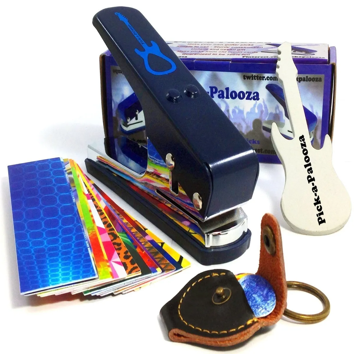 Blue Pick-a-Palooza pick punch with plastic strips and leather key chain