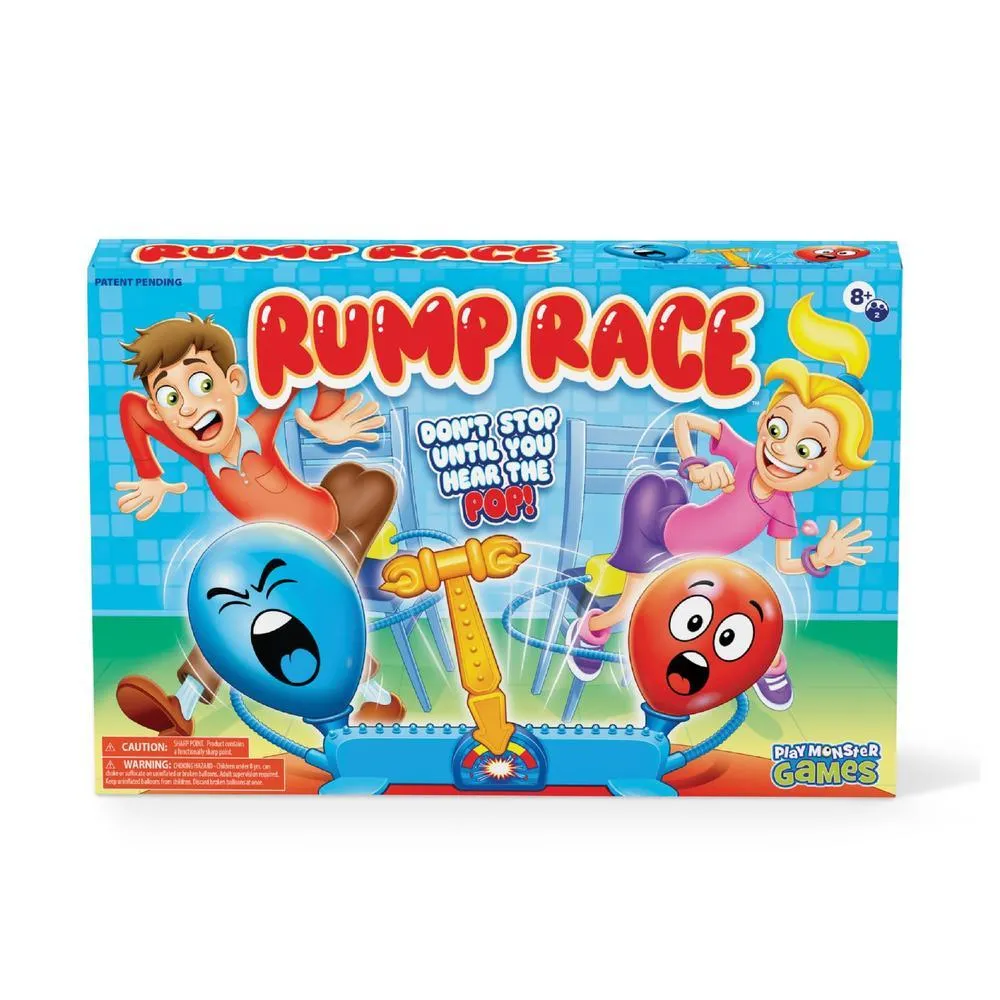 PlayMonster Rump Race game box showing two kids bouncing on pumps next to a blue and a red balloon