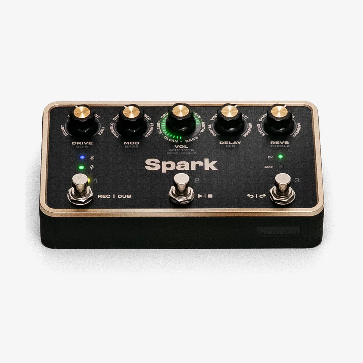 The Positive Grid Spark PEDAL, a black floor pedal with five gold knobs and three footswitches