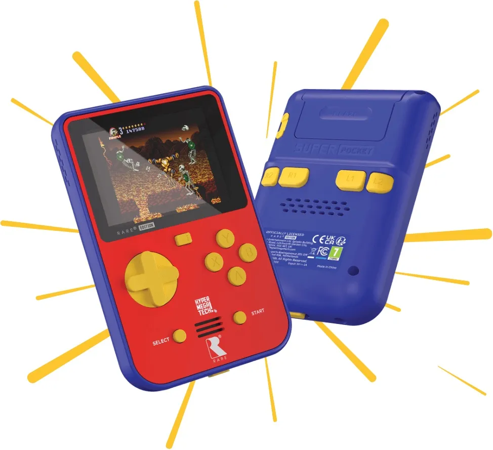 Rare Super Pocket handheld in red with yellow buttons, front and back view