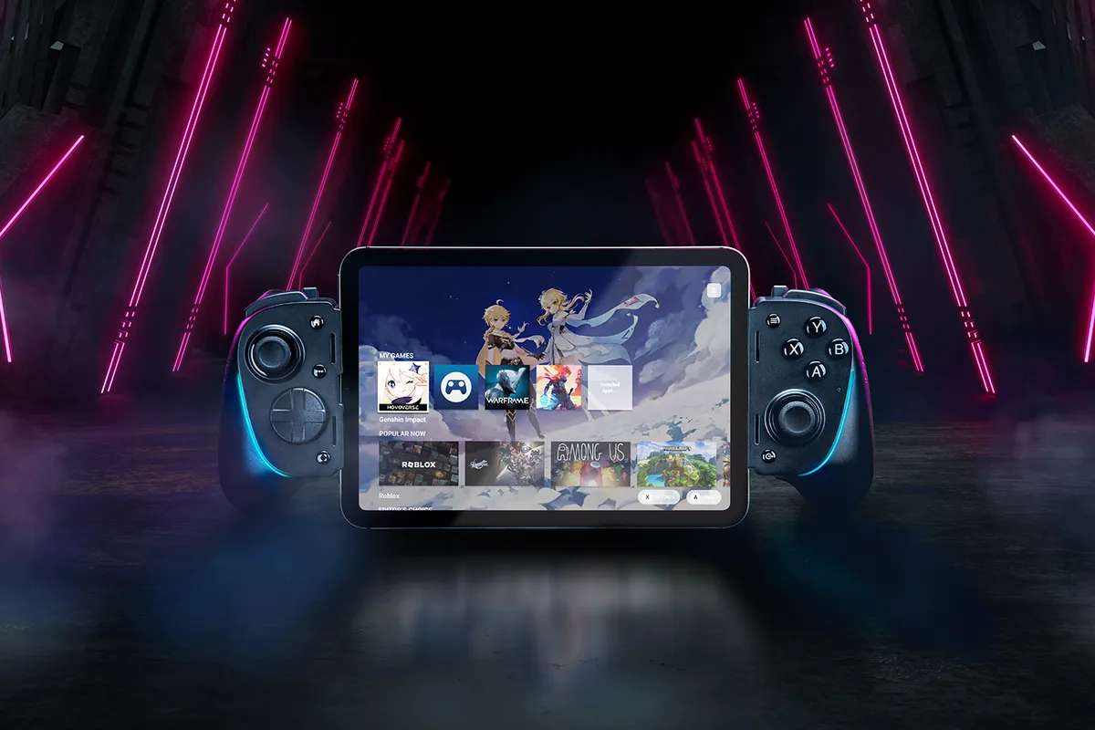 Black Razer Kishi Ultra controller holding an iPad mini, with RGB lighting on both grips
