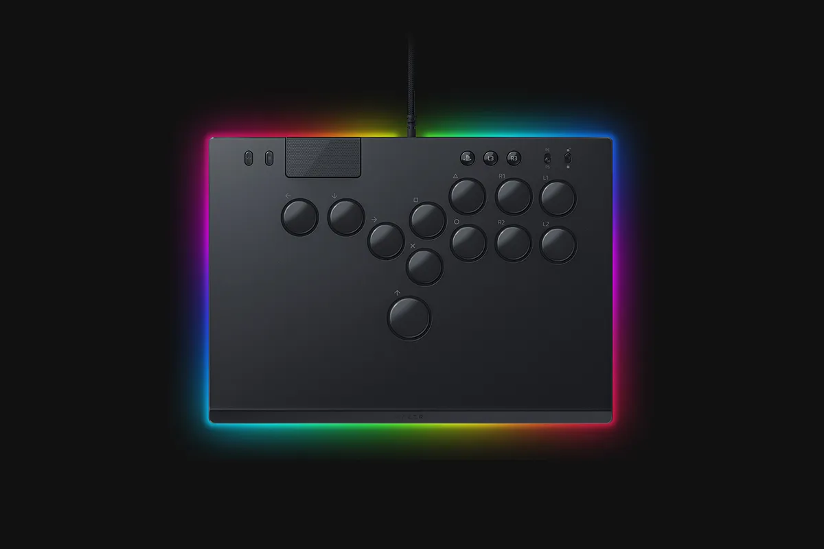 Razer Kitsune leverless controller seen from above, with rainbow Chroma lighting around the edge