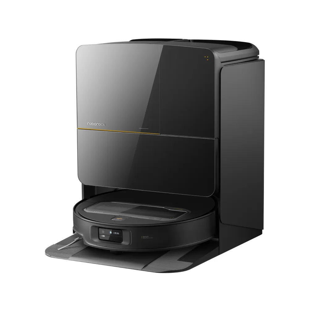 Black Roborock Saros Z70 robot vacuum in its tall self-emptying dock