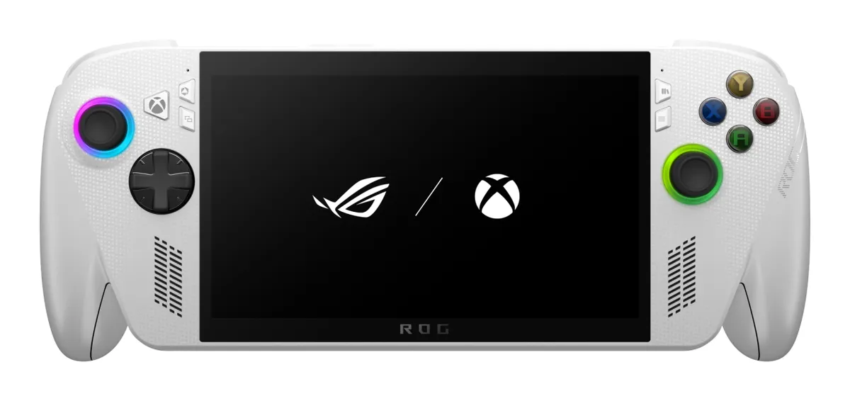 White ROG Xbox Ally handheld seen from the front, with the ROG and Xbox logos on its screen