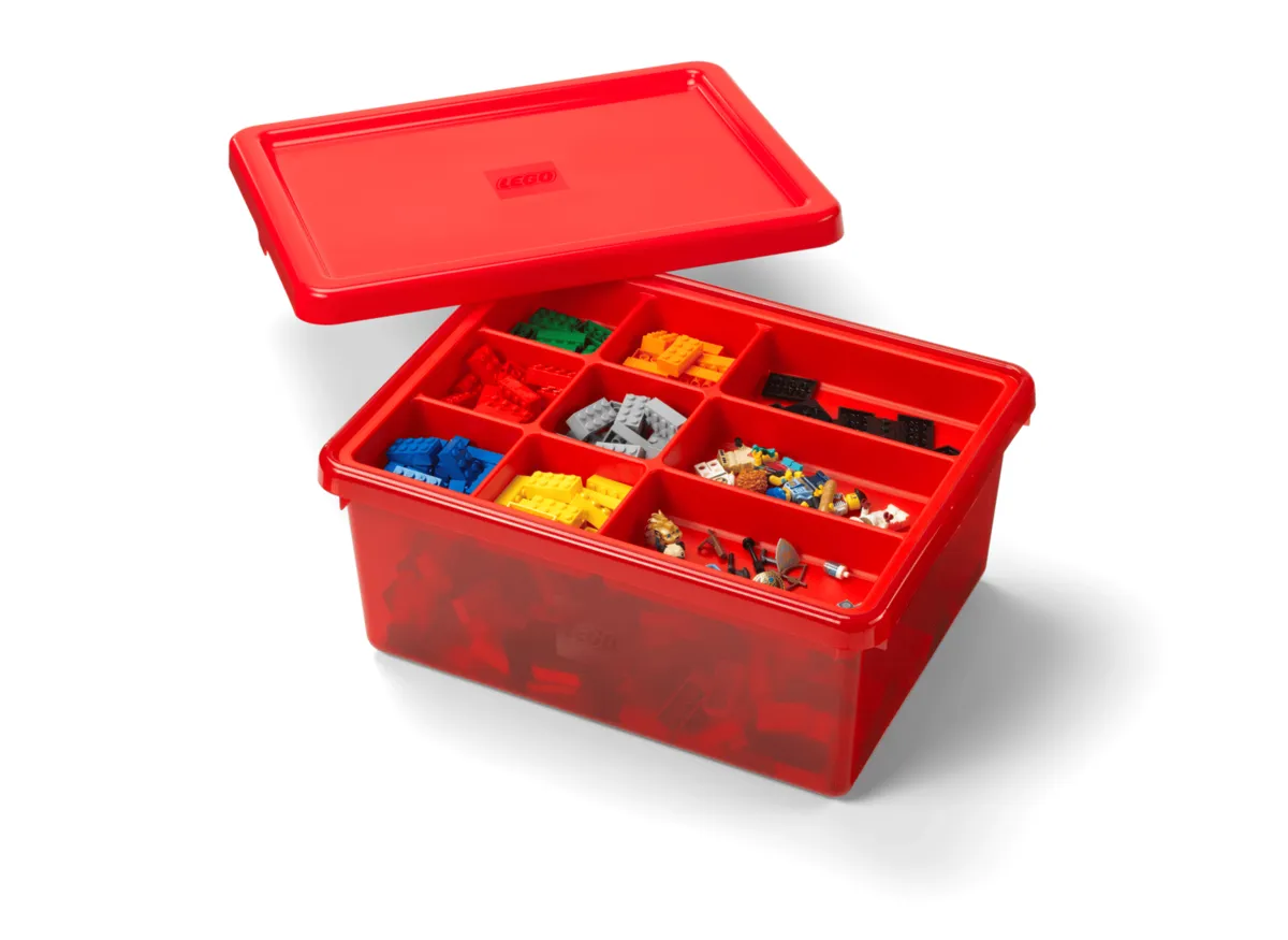 Red Room Copenhagen LEGO Sort & Store box with a nine-compartment tray and lid