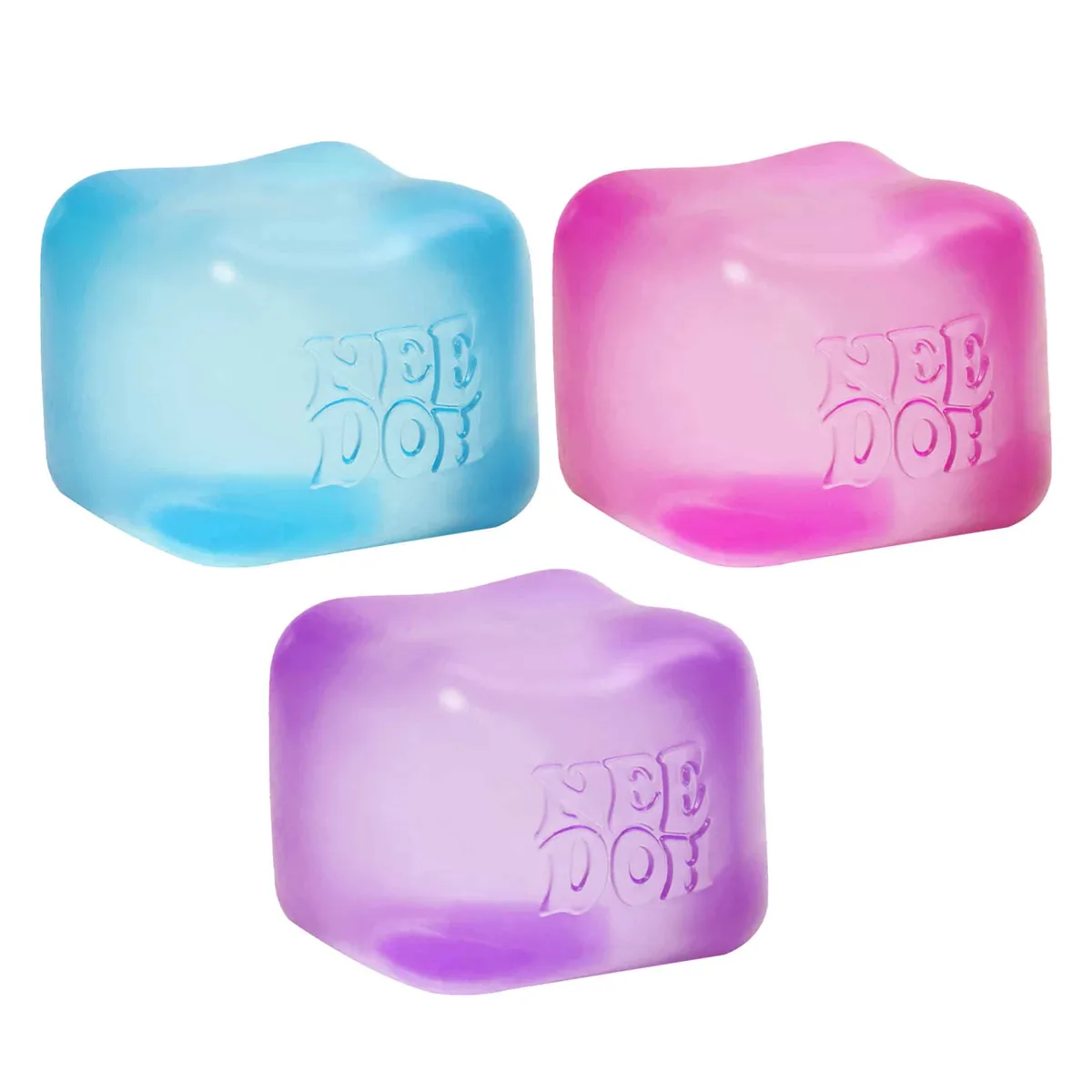 Three Schylling NeeDoh Nice Cubes in blue, pink and purple