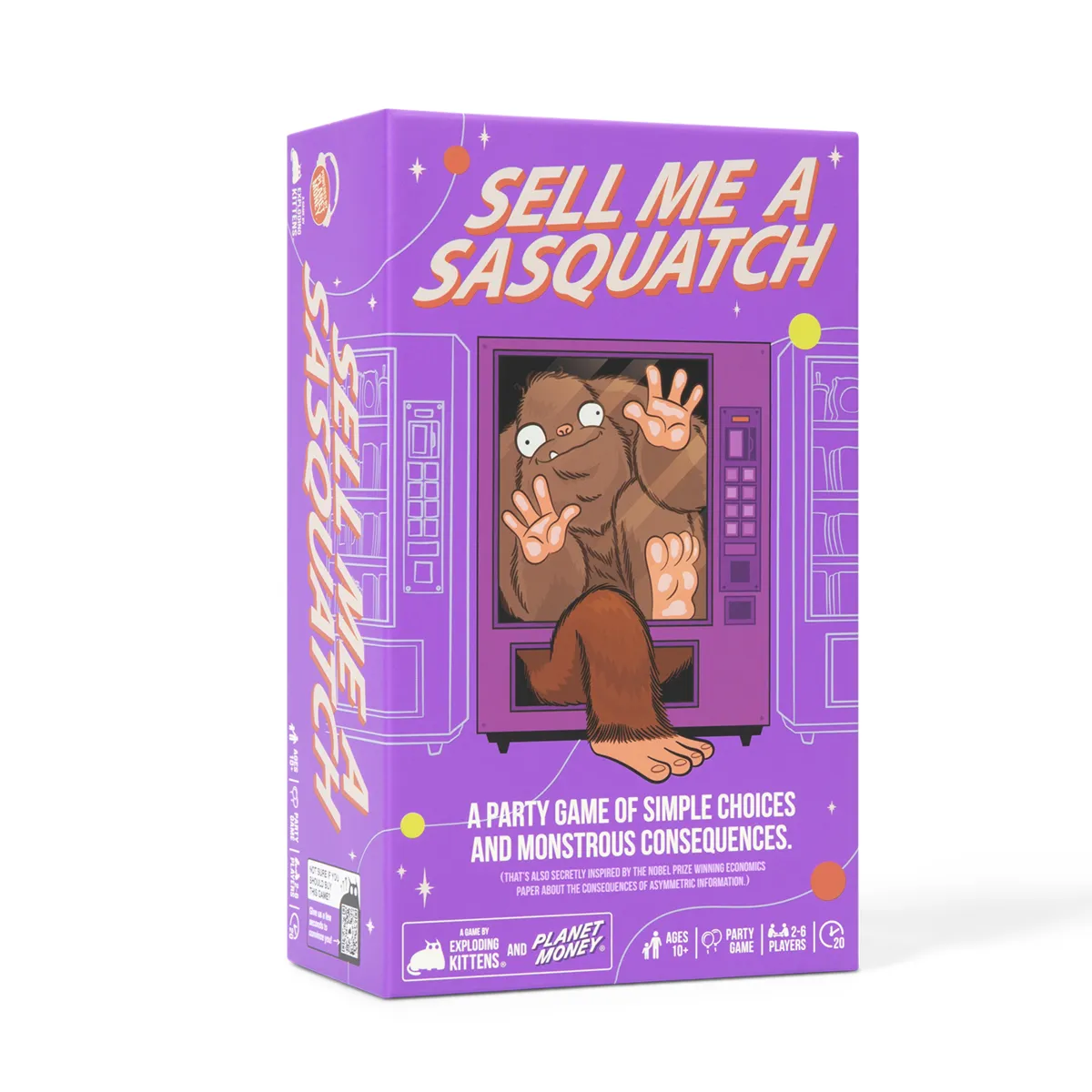 Sell Me a Sasquatch card game box with a cartoon Sasquatch stuck in a vending machine