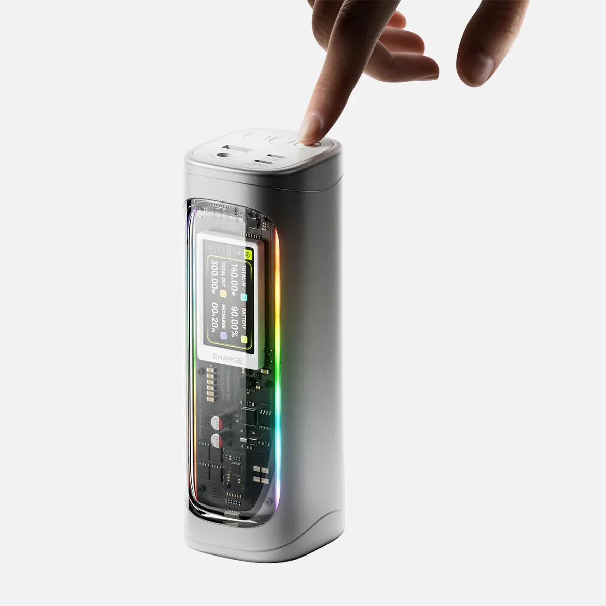 Shargeek 300 power bank with a hand pressing its top button