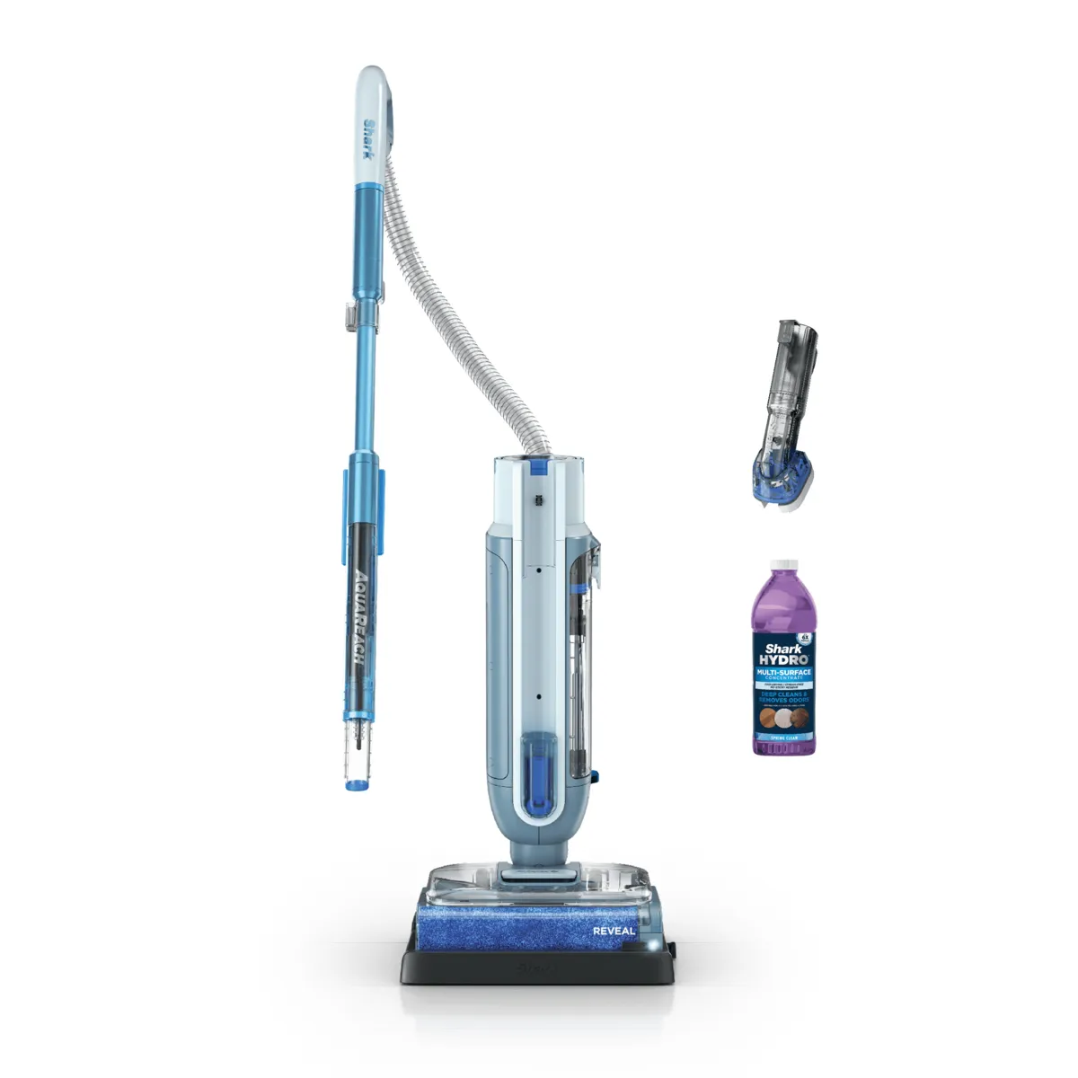 Shark AquaReach WD551 vacuum mop in blue, with its extendable wand and hose, a Stain Scrubber tool and a bottle of Shark Hydro cleaner