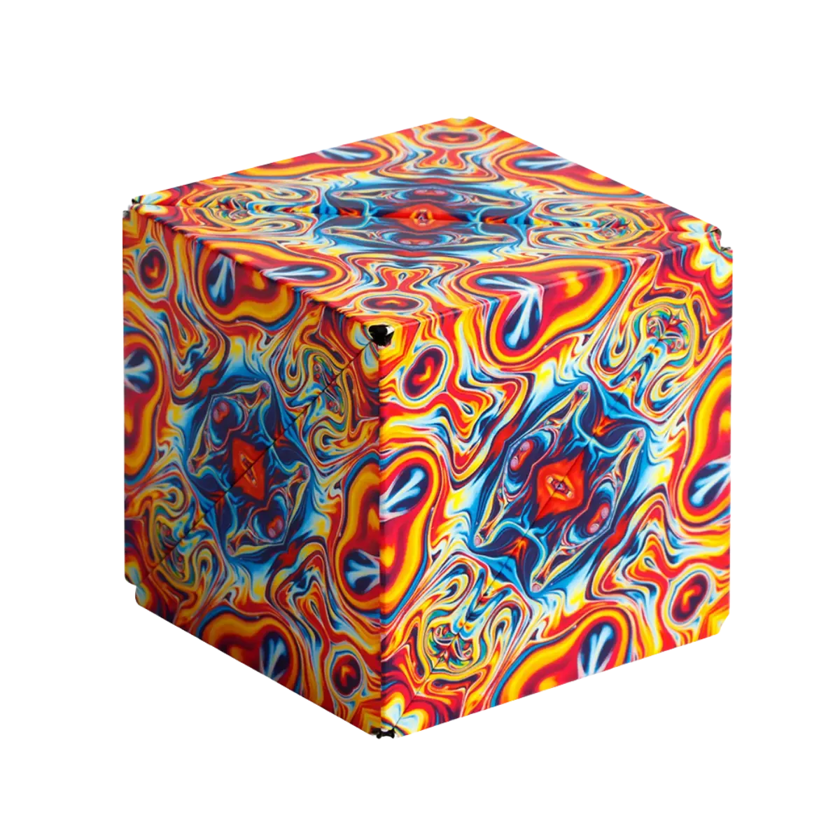 Shashibo shape-shifting box in the Spaced Out design, a cube with a swirly red, yellow and blue pattern