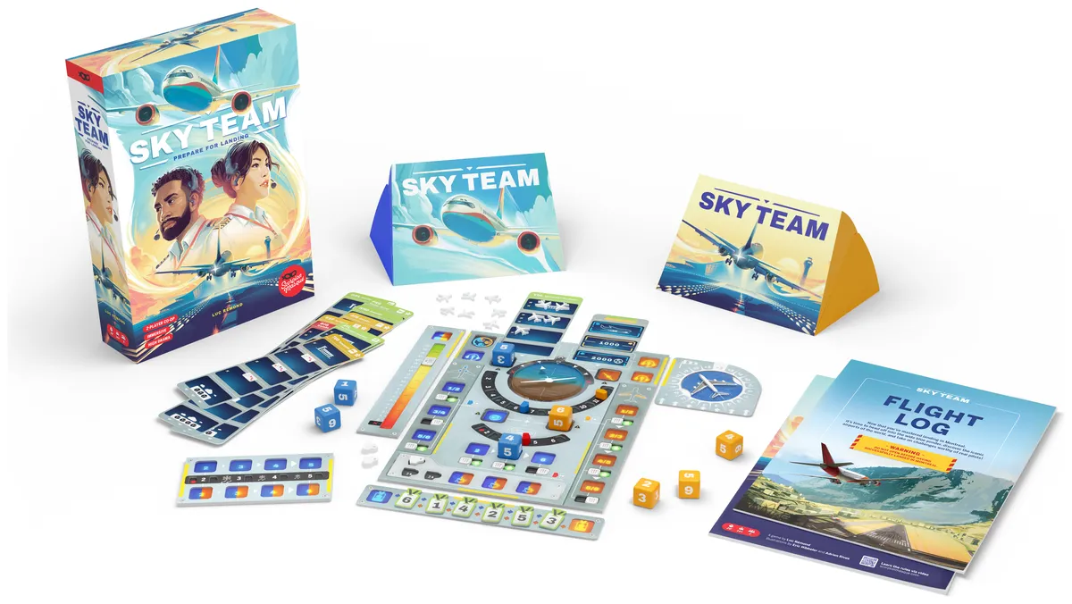 Sky Team board game box with cockpit board, dice and altitude track