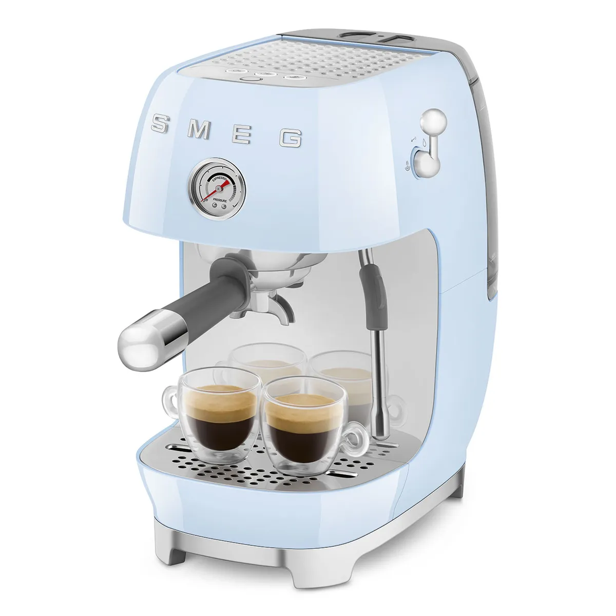 Pastel blue Smeg ECF03 espresso machine with two espresso glasses on the drip tray